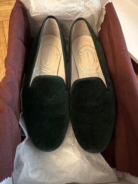 Stubbs & Wootton Dark Hunter Green Velvet Slip-On Loafers, sz 6.5